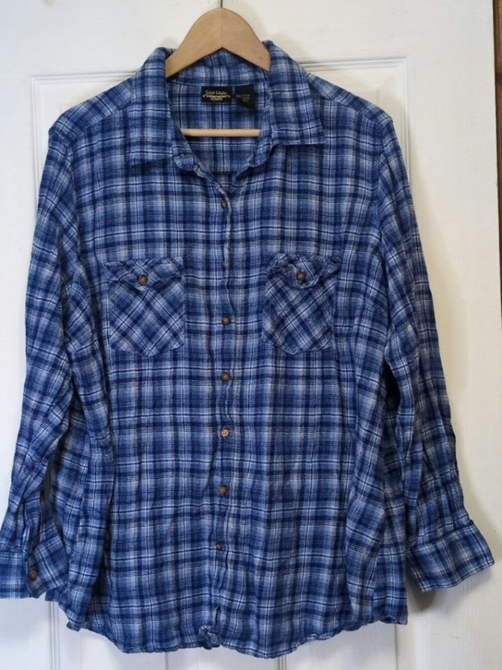 Sara Studio Sz 3X Blue Plaid Flannel Shirt Womens Plus Cotton Button Down Farmcr